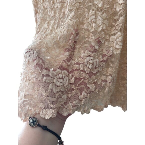 Reba Womens Tan Lace High Neck Short Sleeve Top L Rare - Picture 5 of 12
